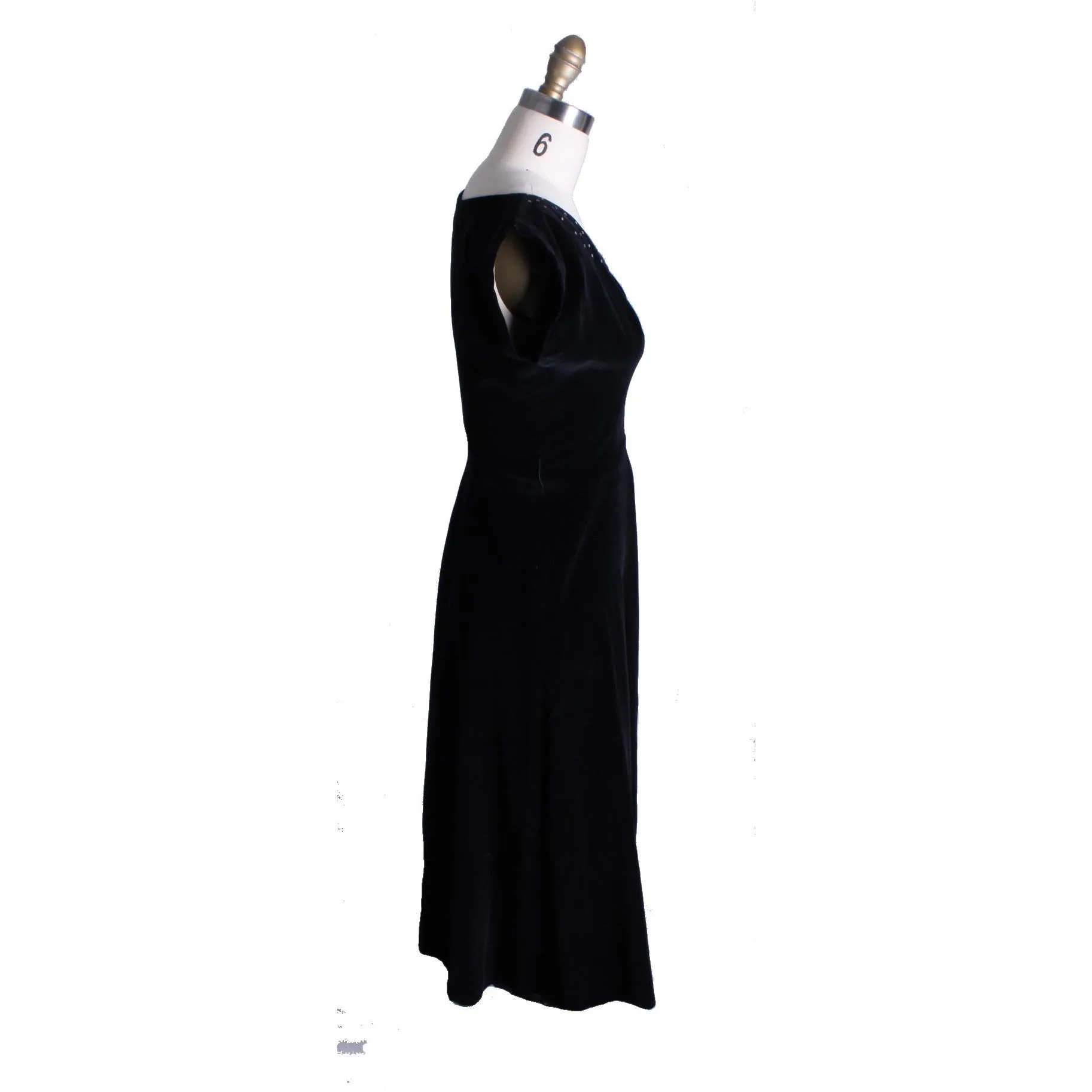 Full Skirted Vintage Black Velvet Party Dress 1950S 36-28-Free Rhinestone Accents